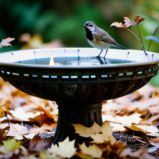 An image showing a bird bath with a cracked basin, surrounded by a clutter of fallen leaves and twigs