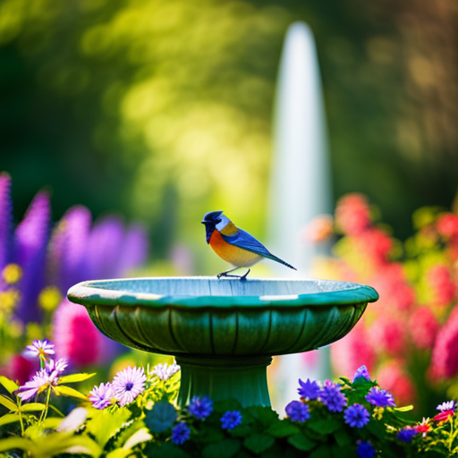 An image showcasing a lush, vibrant garden with a strategically placed bird bath nestled among colorful flowers and foliage