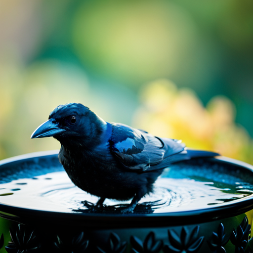 An image showcasing a crow joyfully splashing in a sleek, black ceramic birdbath adorned with intricate leaf patterns