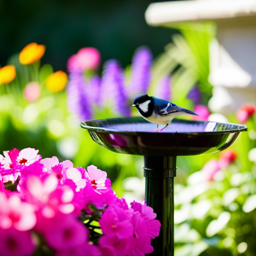 An image showcasing a lush backyard garden with a variety of vibrant bird baths, adorned with colorful flowers and surrounded by chirping birds of different species, enticing readers to explore the best bird baths for attracting a diverse range of feathered visitors