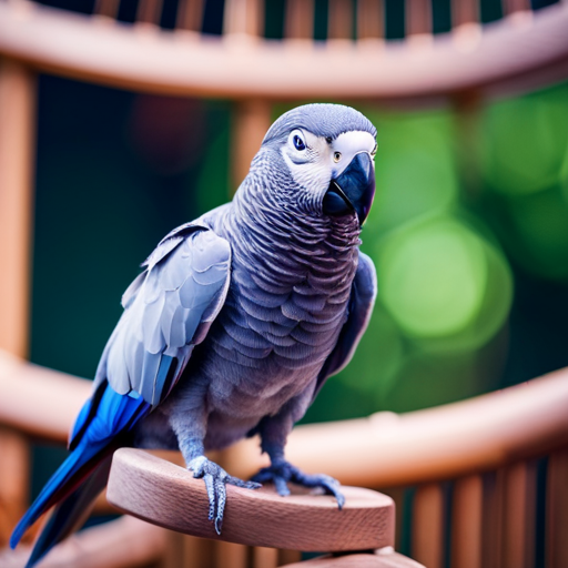 An image showcasing an African Grey parrot comfortably perched inside a spacious, sturdy birdcage
