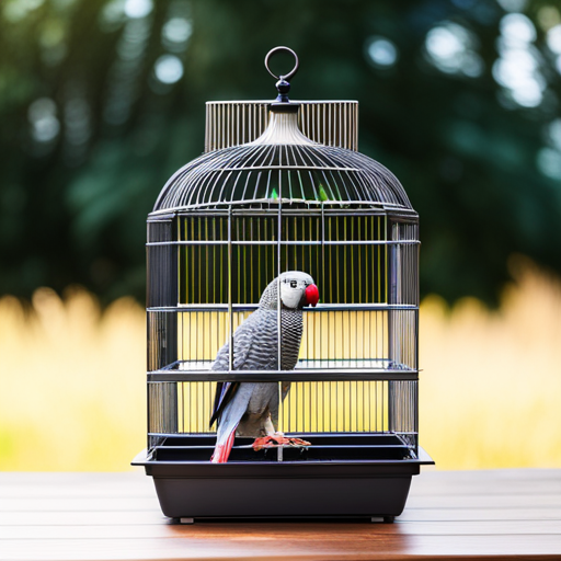 An image showcasing a spacious African Grey bird cage with multiple large doors for easy access and removable trays for effortless cleaning