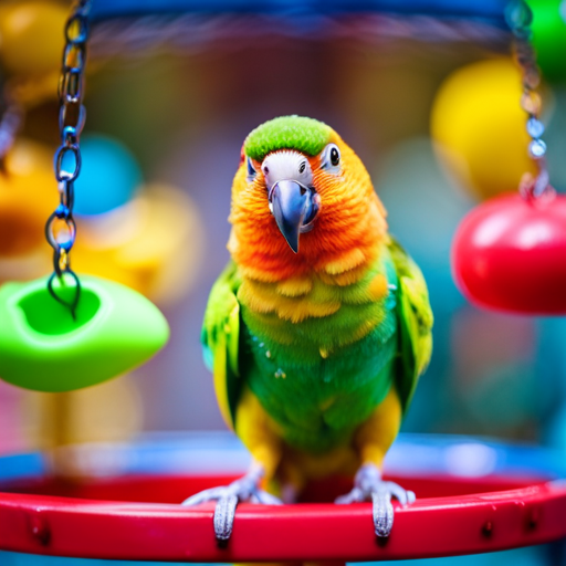 An image showcasing a spacious conure birdcage with sturdy wrought iron bars, multiple perches, and a variety of engaging toys