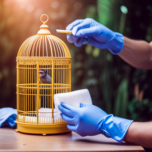 An image showcasing the meticulous process of cleaning a bird cage: a pair of gloved hands holding a scrub brush, meticulously scrubbing the bars, while a bird perched nearby curiously observes the process