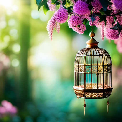 An image capturing a spacious, elegant birdcage adorned with intricate metalwork, nestled in a sunlit corner