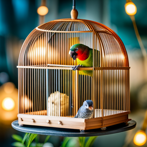 An image showcasing a conure comfortably perched inside a spacious birdcage with secure, narrow bar spacing