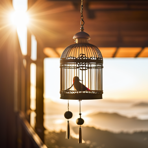 An image showcasing a vibrant bird cage adorned with an assortment of stimulating accessories and toys like swing perches, foraging puzzles, and colorful hanging bells, inviting birds to indulge in enriching playtime