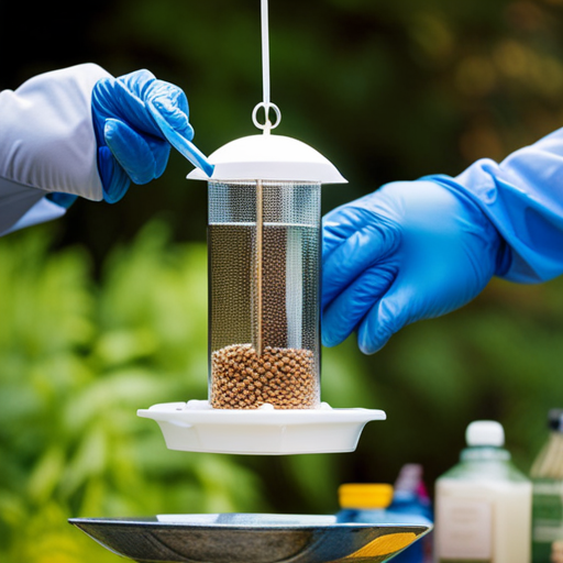 An image showcasing a pair of gloved hands gently scrubbing a mealworm bird feeder with a soft brush, surrounded by soapy water and a sparkling clean feeder
