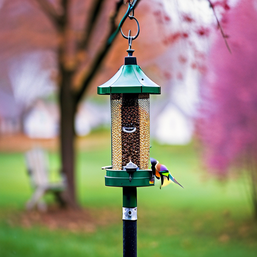 An image showcasing a vibrant backyard scene with multiple bird feeders, each uniquely designed to attract specific bird species found in Ohio
