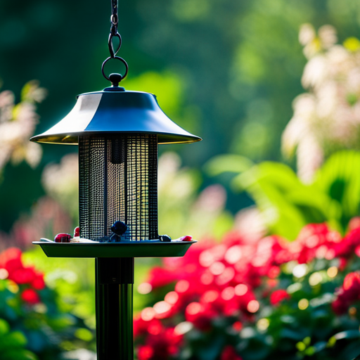 An image showcasing a lush backyard garden in Ohio, adorned with an array of bird feeders