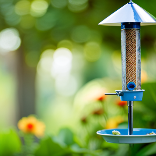 An image showcasing a bird feeder strategically placed in a peaceful backyard, surrounded by lush foliage and colorful flowers