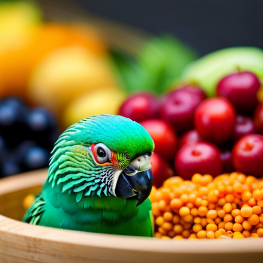 An image showcasing a diverse selection of parakeet food, featuring vibrant colors and textures