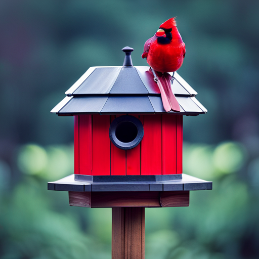 An image showcasing a cardinal perched on a spacious birdhouse with a slanted roof and multiple ventilation holes, allowing cool air to circulate