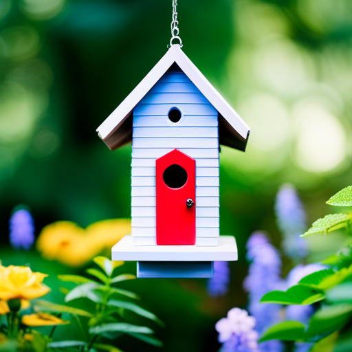 An image showcasing a vibrant, spacious birdhouse nestled amidst lush foliage, with a peaked roof, multiple perches, and a wide entrance hole, designed specifically to attract and cater to the needs of majestic cardinals