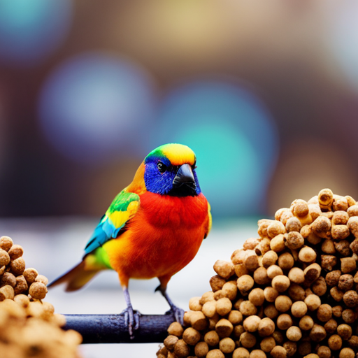 An image showcasing a colorful bird perched on a branch, surrounded by a variety of bird pellet brands packaging