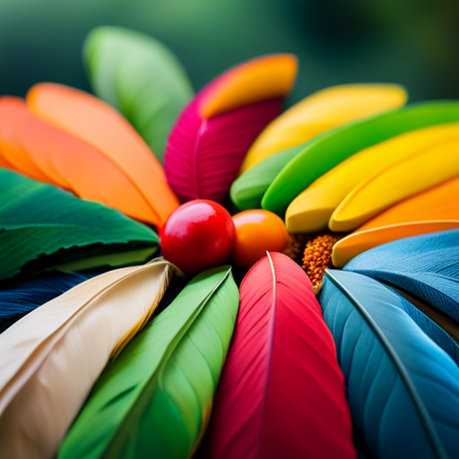 An image showcasing a vibrant, diverse array of colorful feathers, glistening with health and vitality