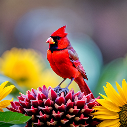 An image showcasing a vibrant red male cardinal perched on a leafy branch, surrounded by a bountiful feast of premium sunflower seeds, safflower seeds, and millet, inviting readers to discover the best bird seed for cardinals