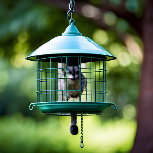 An image showcasing a sturdy metal suet feeder hanging from a tree branch surrounded by a mesh wire protective dome, deterring squirrels and raccoons