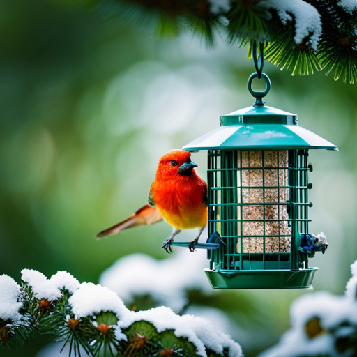 An image showcasing a suet feeder, strategically placed near a lush evergreen tree with ample branches for perching