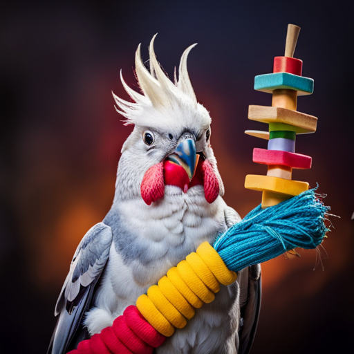 An image showcasing a vibrant cockatiel gleefully chewing on a colorful assortment of chew toys