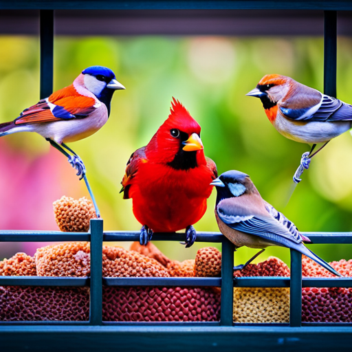 An image showcasing a vibrant window feeder bursting with a diverse array of colorful birds, such as finches, sparrows, and cardinals, gathering together to enjoy a feast, adding beauty and liveliness to your outdoor space