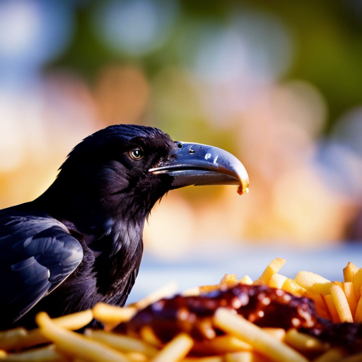 An image showcasing crows and ravens feasting on contrasting meals: crows devouring discarded French fries, while ravens skillfully pry open a walnut, emphasizing their varied dietary preferences