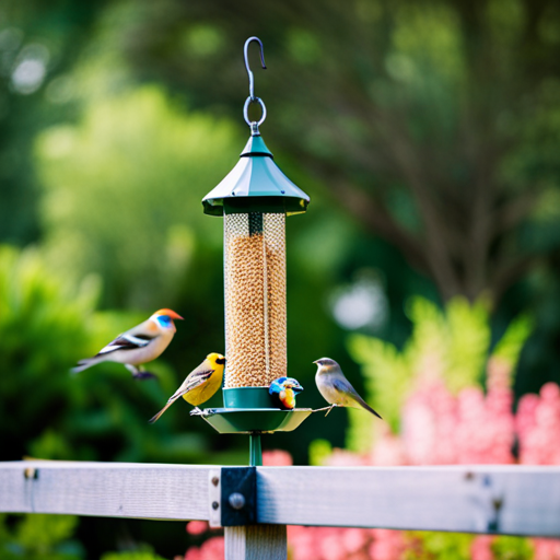 An image of a backyard with various types of bird feeder hangers, showcasing factors to consider when choosing one