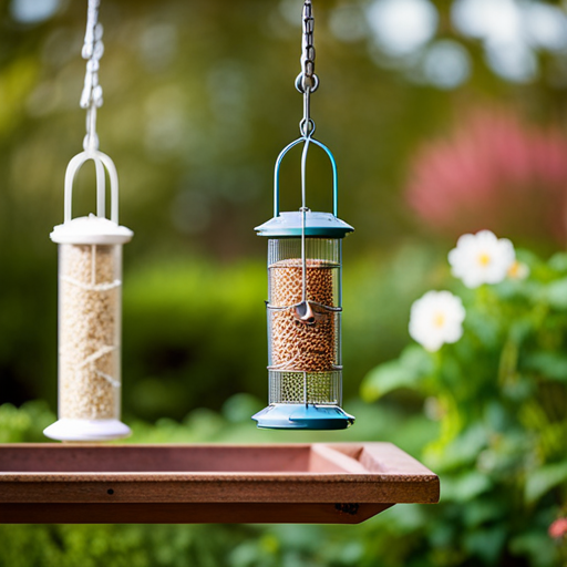 An image showcasing vibrant bird feeders hanging from sturdy, rust-resistant hooks
