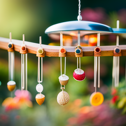 An image showcasing a vibrant backyard scene, with an array of beautifully decorated bird feeder hangers