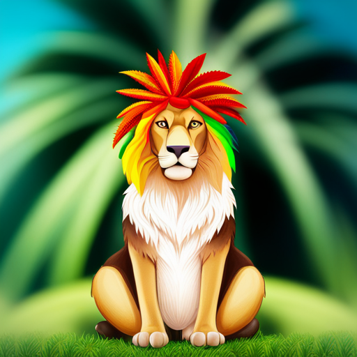 An image that captures the essence of Rastafarian culture by depicting vibrant colors of red, gold, and green, with a majestic lion sitting peacefully under a tall palm tree, as three little birds sing joyfully above