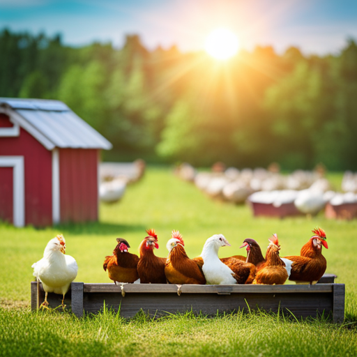 An image depicting a diverse flock of hens, each laying eggs in their own unique nesting boxes amidst a vibrant pastoral setting