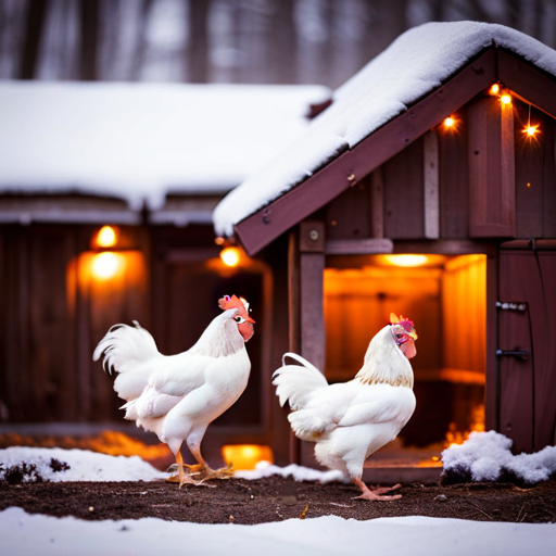 An image showcasing a cozy chicken coop adorned with warming lights and soft straw bedding