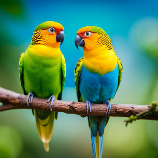 An image of two vibrant parakeets perched on a branch, surrounded by a diverse group of birds engaged in cheerful interactions, highlighting the essential role of social connections in fostering parakeet longevity