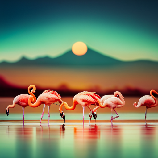 An image that captures the ethereal beauty of a flock of flamingos, adorned in various shades of delicate pink, gracefully wading through a shimmering turquoise lagoon, against the backdrop of a breathtaking sunset