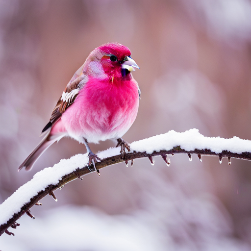 An image showcasing the ethereal charm of Rosy-Finches, their soft pink feathers contrasting against snow-capped mountains