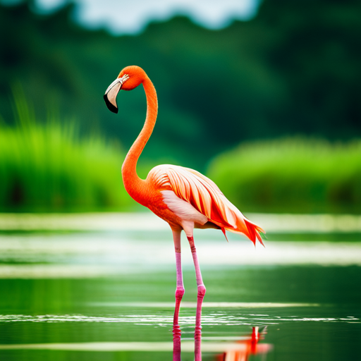 An image capturing the essence of elegance in wetlands, showcasing the majestic pink flamingo amidst a backdrop of serene waters, its slender neck gracefully arched as it stands tall on one leg, emanating vibrancy