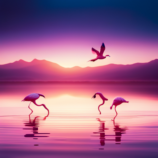 An image depicting a flock of flamingos basking in the golden rays of the setting sun, their elegant silhouettes casting a mesmerizing blend of blush, coral, and magenta hues across the tranquil waters