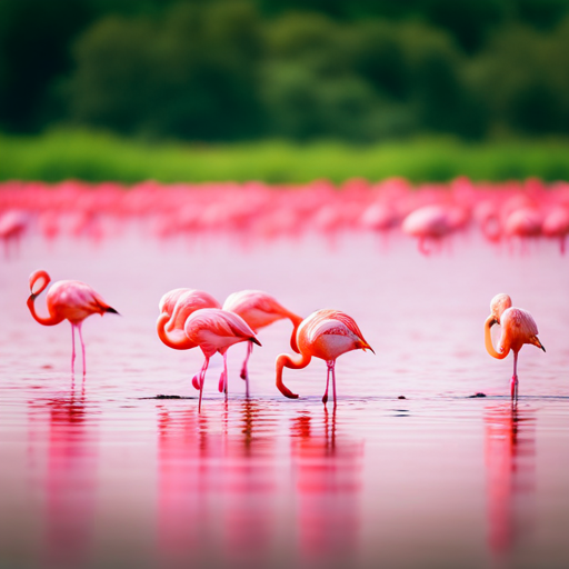 An image featuring a flock of flamingos gracefully wading through a shimmering pink lagoon, surrounded by lush greenery