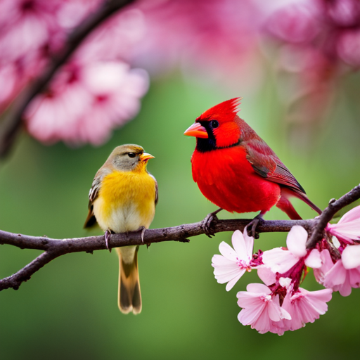An image capturing the enchanting sight of a cardinal perched on a blossoming cherry tree branch, its vibrant pink feathers contrasting against the delicate pink petals, with a robin and a starling nearby