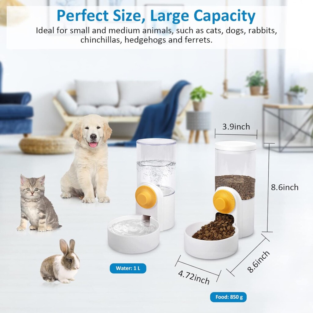 DricRoda Pet Feeder Waterer Hanging Dog Cat Food Water Dispenser, Automatic Gravity Feeder Waterer Set for Cage Pets, Travel Food Water Bowl Rabbit Feeder for Ferret Small and Medium Animals, White
