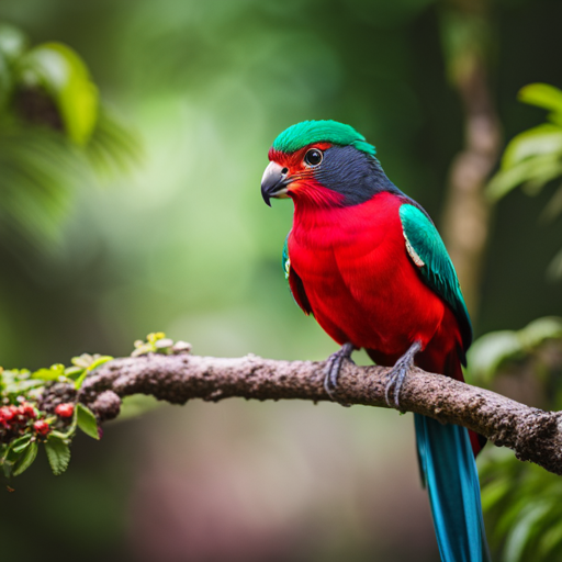 An image showcasing the resplendent Quetzal, a majestic bird with emerald-green plumage, a flowing iridescent tail, and a vibrant red chest