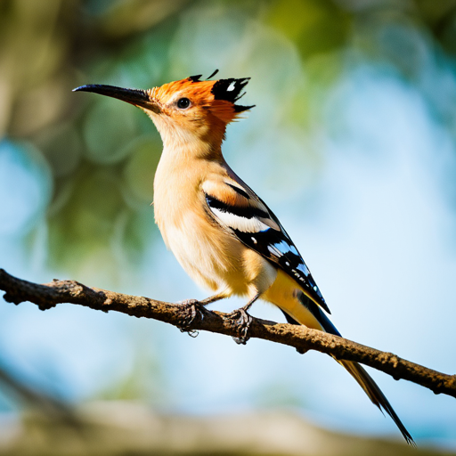 An image capturing the mesmerizing beauty of a Hoopoe perched on a blooming branch, its vibrant cinnamon and black feathers spread wide, displaying its distinctive crest with elegant grace