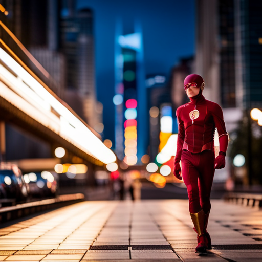 Show an image of Flash standing tall in the midst of Starling City's bustling streets, his crimson suit glistening under the city lights, while a gust of wind trails behind him, hinting at his incredible speed and heroic presence
