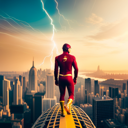 An image capturing the electrifying moment when Flash races through Starling City, his crimson costume blazing against the backdrop of the city's iconic skyscrapers, leaving a trail of lightning in his wake