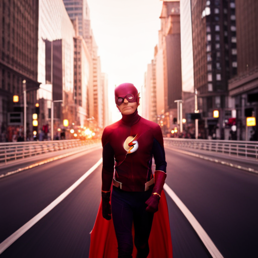 An image capturing the moment when Flash effortlessly rescues citizens from imminent danger in Starling City, showcasing his lightning-fast speed as he dashes through the streets, leaving a trail of blurred motion and wind in his wake