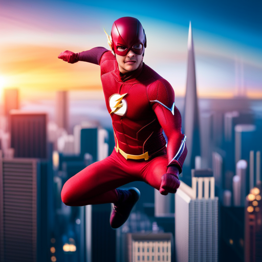 An image showcasing Flash soaring above Starling City's skyline, his crimson costume vibrant against the twilight backdrop