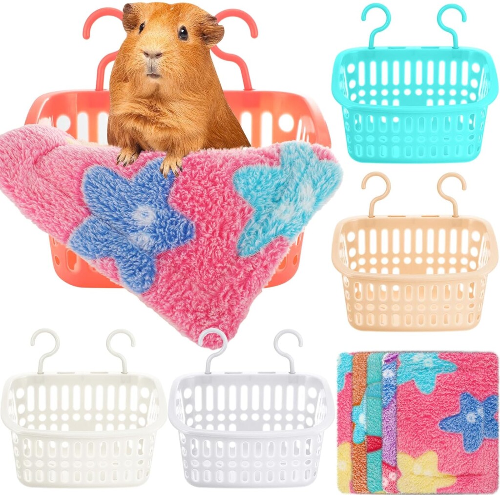 Geetery 5 Set Rat Hammock for Cage Chew Proof Rat Toys Warm Bed, Small Animal Hanging Basket Ferret Cage Accessories and Habitats Removable Nest Mat for Hamster, Sugar Glider, Hedgehog (Paw, Star)