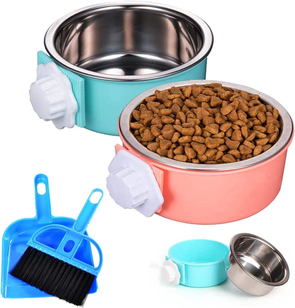 HERCOCCI Crate Dog Bowl, Removable Stainless Steel Pet Kennel Cage Hanging Food Bowls and Water Feeder Coop Cup Prevent Overflow for Puppy, Medium Dog, Cat, Rabbit, Ferret (2PCS)