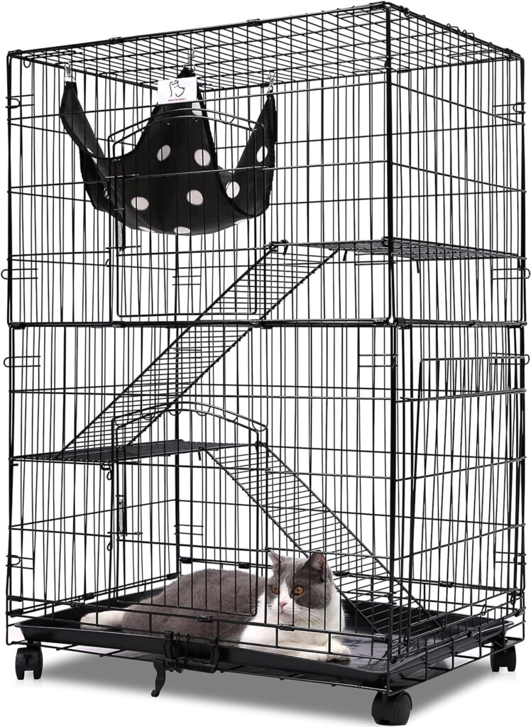 Homey PET INC Folding Wire Cat Ferret Habitat Crate with Casters,Collapsible|Foldable|Lockable Tray and Hammock, 30, Black