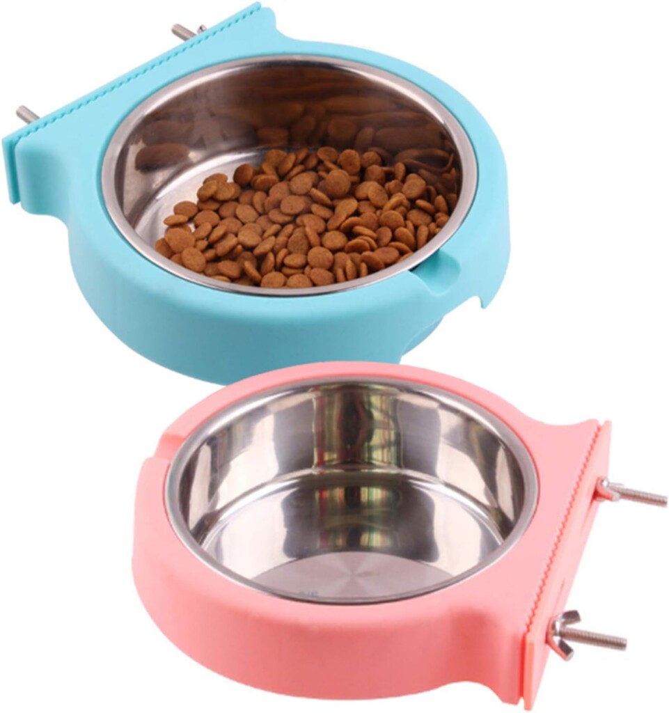 kathson Crate Dog Bowl, Removable Stainless Steel Hanging Pet Cage Bowl Food  Water Feeder Coop Cup for Cat, Puppy, Birds, Rats, Guinea Pigs (2pcs(Pink,Blue))